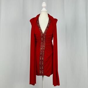 Tony Bowls Red Ruched Vintage Mini Dress Embellished Beaded With Shawl New Size6